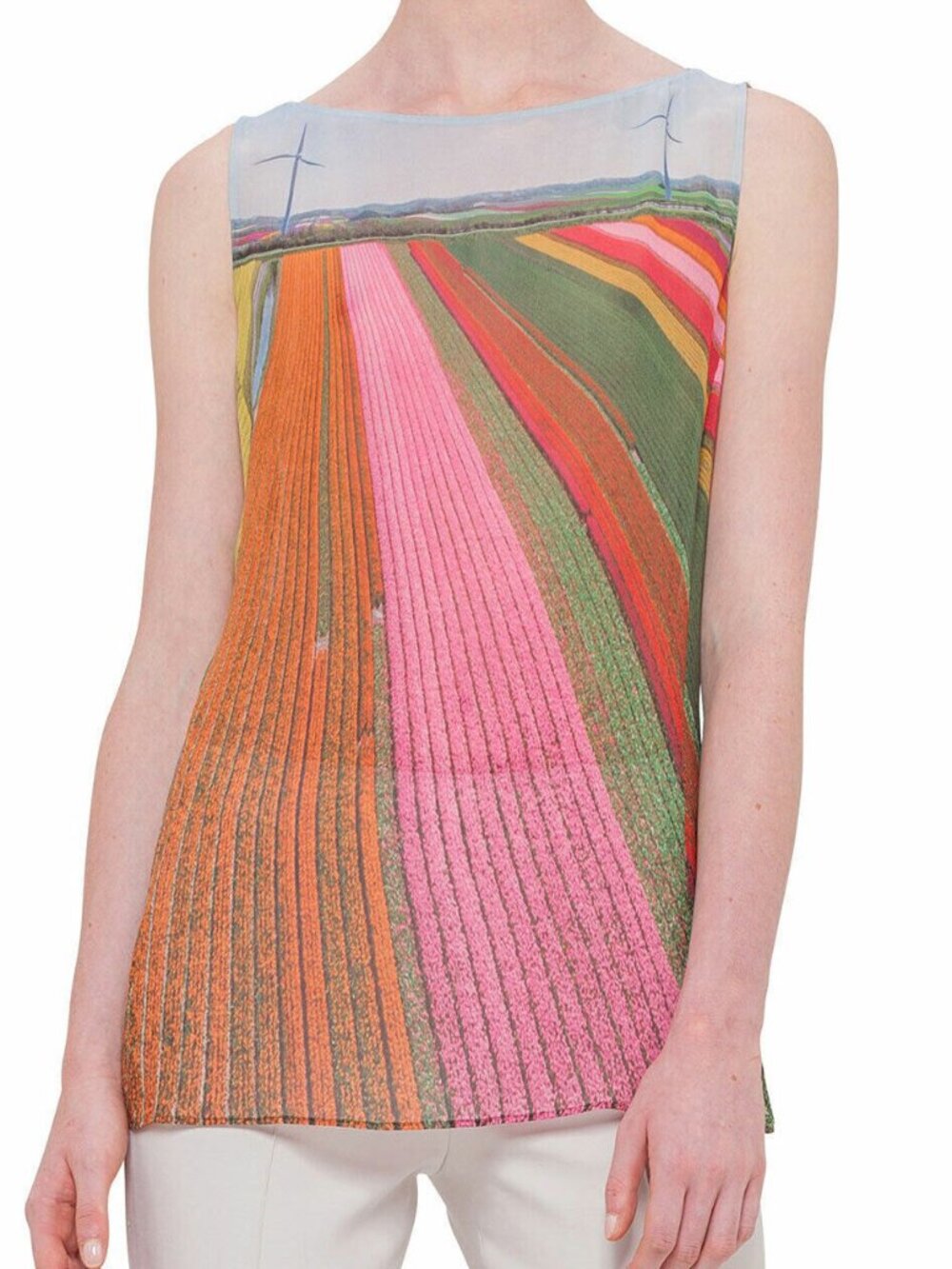 Akris Tulip Farm Flower Field Print Tank Top Silk Stripe Rainbow Floral Blouse 8